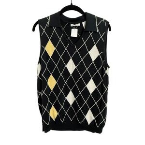 Liz Golf Argyle Vintage Sweater Vest Sleeveless Golf Collared Top Black Size M